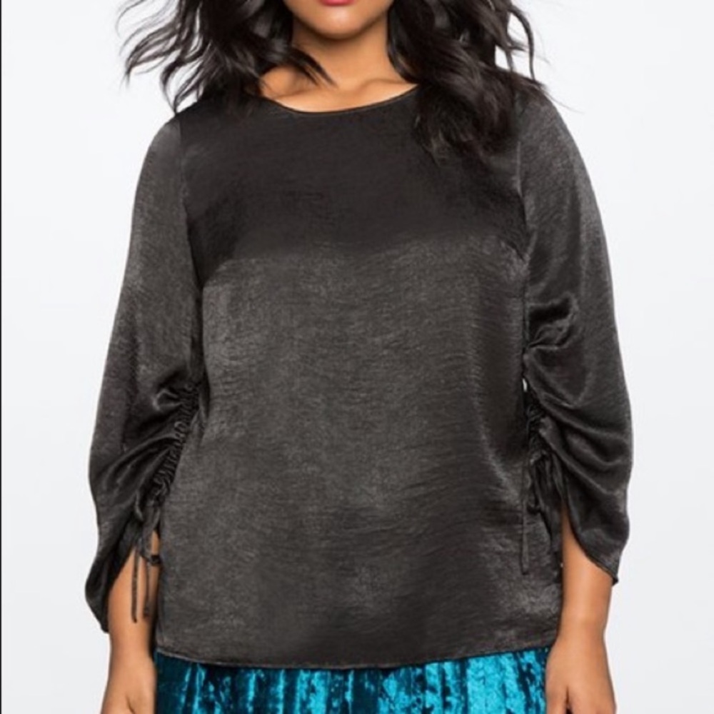 Eloquii Black Satin Top with Ruched Sleeves
